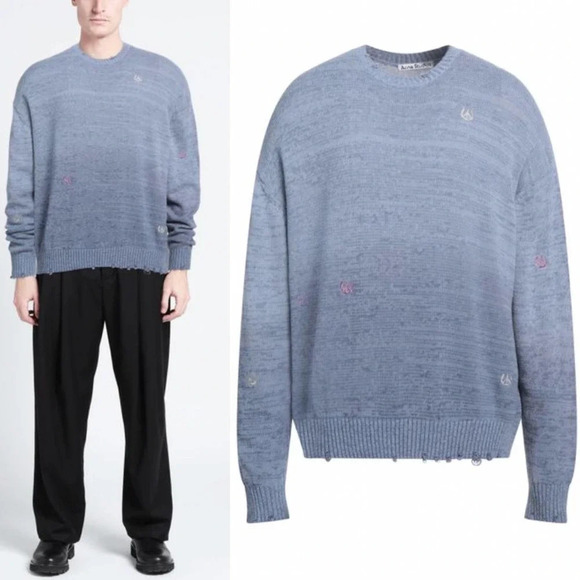 Acne Studios Sweater Peace Sign Embroidered Jumper Knit Blue Size Large *Damaged - Picture 1 of 13